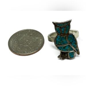 Blue Mosaic‎ Stone Silvertone Owl Ring Size 7